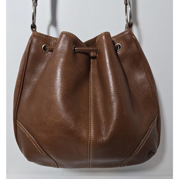 Vintage FOSSIL Brown British Tan Leather Shoulder Drawstring Bucket Bag - Picture 3 of 14